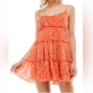 Trixxi Coral Floral Boho Tiered Sleeveless Lined A-Line Short Sun Dress in M